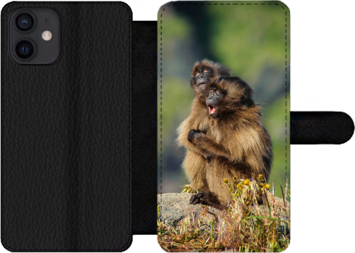 Telefoonhoesje Geschikt voor iPhone 12 telefoonhoesje - Apen - Planten - Stenen - Familie - Met vakjes - Wallet case met magneetsluiting