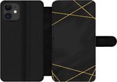 Bookcase Geschikt voor iPhone 12 Pro Max telefoonhoesje - Geometrisch patroon van gouden lijnen op een zwarte achtergrond - Met vakjes - Wallet case met magneetsluiting