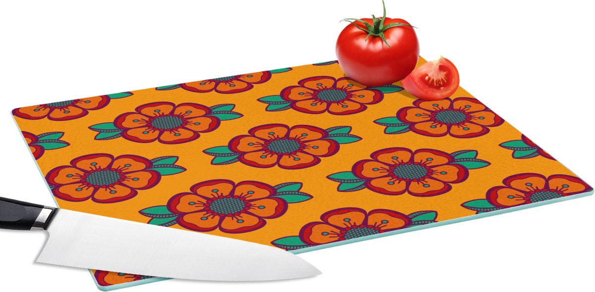 Glazen Snijplank - 39x28 - Design - Retro - Rozen - Oranje - Snijplanken Glas