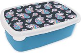 Broodtrommel Blauw - Lunchbox - Brooddoos - Meisje - Unicorn - Lolly snoep - Patronen - Girl - Kids - Kinderen - 18x12x6 cm - Kinderen - Jongen