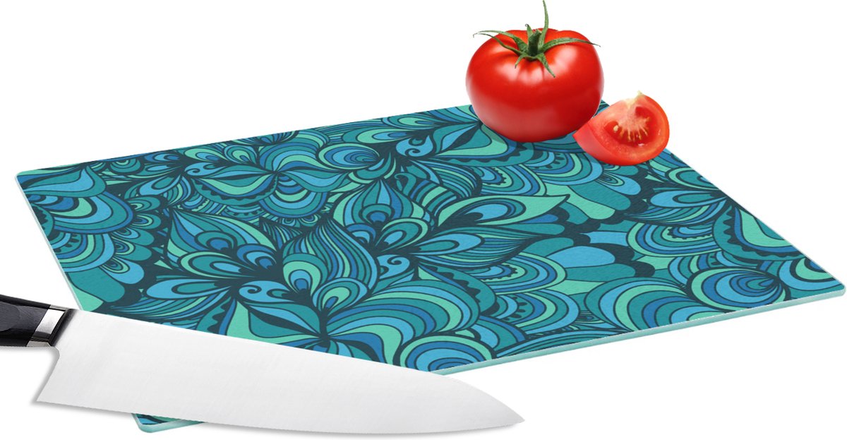 Glazen Snijplank - 28x20 - Design - Vintage - Blauw - Turquoise - Snijplanken Glas