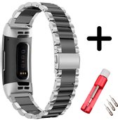 Strap-it Bandje staal zilver/zwart + toolkit geschikt voor Fitbit Charge 3 / 4