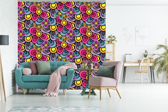 Behang - Fotobehang Patroon - Hippie - Bloemen - Paars - Breedte 220 cm x hoogte 220 cm