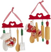 Kurt S. Adler Kerstornament - Gingerbread met keukengerei - set van 2 - rood bruin wit - 10cm