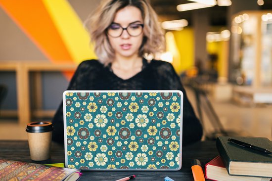 Sticker pour ordinateur portable - 14 pouces - Rétro - Fleurs - Motifs - Blauw