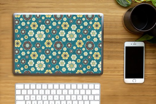 Sticker pour ordinateur portable - 14 pouces - Rétro - Fleurs - Motifs - Blauw