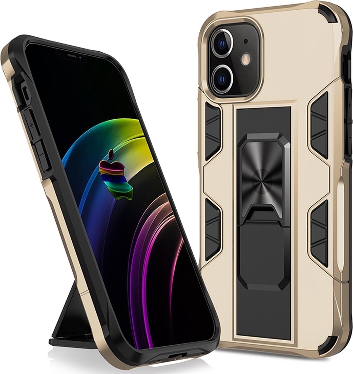 Mobigear Hoesje geschikt voor Apple iPhone 12 Pro Max Telefoonhoesje Hardcase | Mobigear Armor Stand Backcover Shockproof met Standaard | Schokbestendig iPhone 12 Pro Max Telefoonhoesje | Anti Shock Proof - Goud