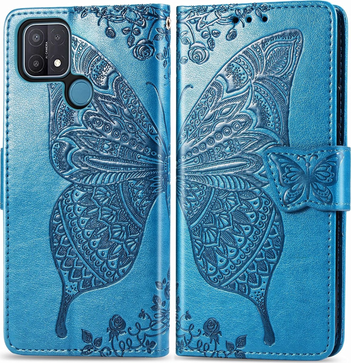 Mobigear Telefoonhoesje geschikt voor OPPO A15 Hoesje | Mobigear Butterfly Bookcase Portemonnee | Pasjeshouder voor 3 Pasjes | Telefoonhoesje voor Pinpas / OV Kaart / Rijbewijs - Blauw
