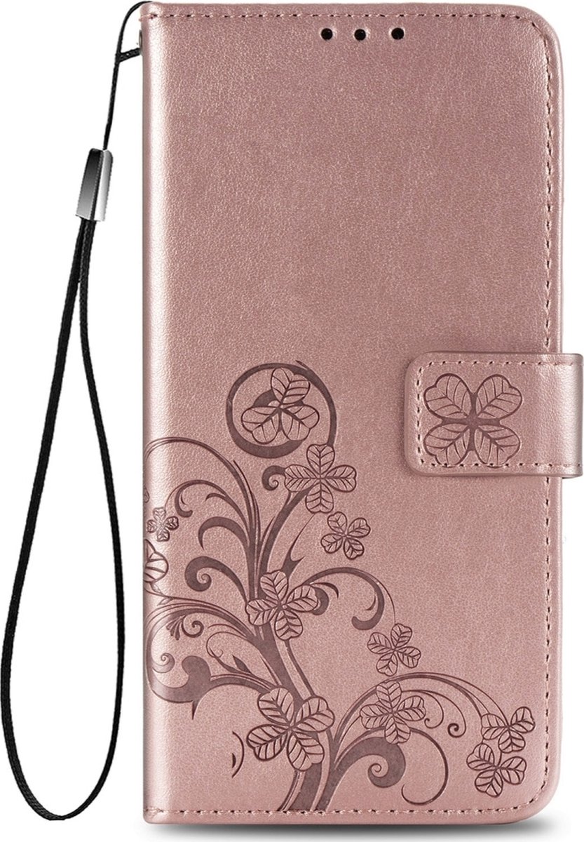 Mobigear Telefoonhoesje geschikt voor Samsung Galaxy A21s Hoesje | Mobigear Clover Bookcase Portemonnee | Pasjeshouder voor 3 Pasjes | Telefoonhoesje voor Pinpas / OV Kaart / Rijbewijs - Roségoud