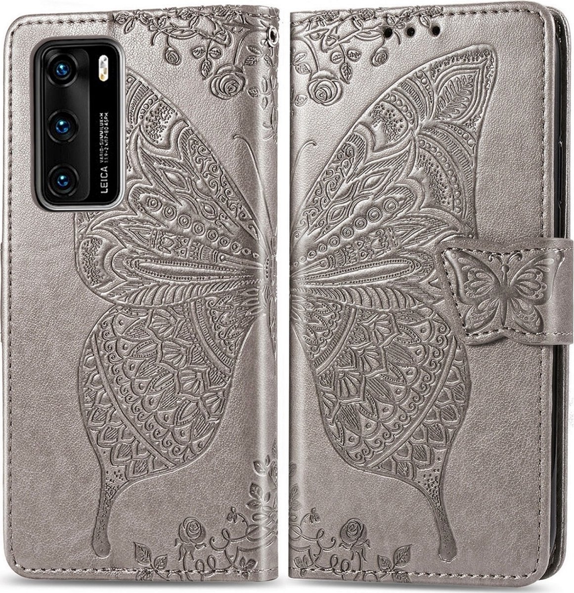Mobigear Telefoonhoesje geschikt voor Huawei P40 Hoesje | Mobigear Butterfly Bookcase Portemonnee | Pasjeshouder voor 3 Pasjes | Telefoonhoesje voor Pinpas / OV Kaart / Rijbewijs - Grijs