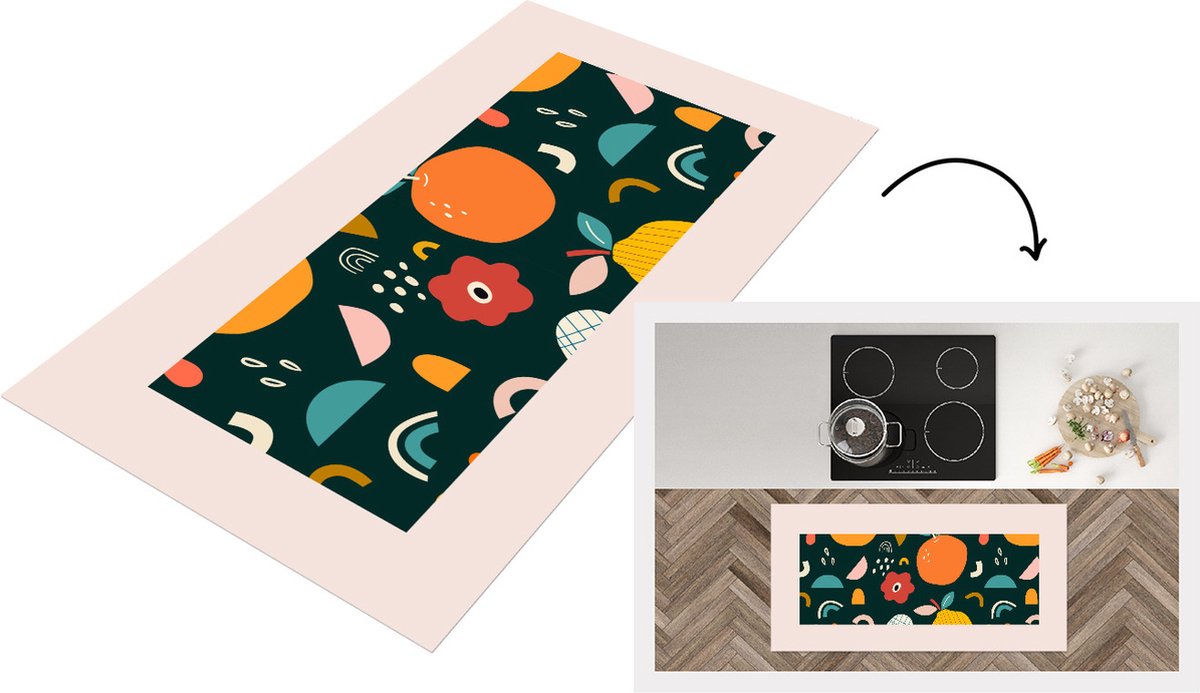 KitchenYeah Keukenloper - Loper keuken - Sinaasappel - Peren - Fruit - Voedsel - Abstract - 120x60 cm - Keukenloper vinyl Multicolor