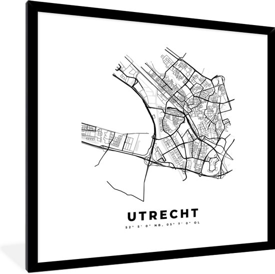 Fotolijst incl. Poster Zwart Wit- Kaart – Plattegrond – Stadskaart – Utrecht – Nederland – Zwart Wit - 40x40 cm - Posterlijst