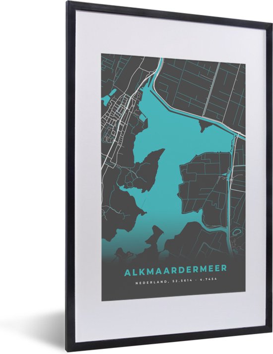 Fotolijst incl. Poster - Nederland - Plattegrond - Water - Stadskaart - Kaart - Alkmaardermeer - 40x60 cm - Posterlijst