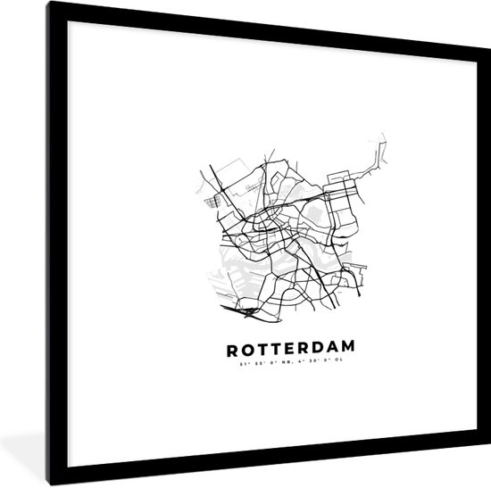 Fotolijst incl. Poster Zwart Wit- Kaart – Plattegrond – Stadskaart – Rotterdam – Nederland – Zwart Wit - 40x40 cm - Posterlijst