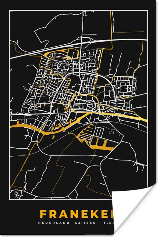 Poster Franeker - Plattegrond - Stadskaart - Kaart - Black and Gold - 20x30 cm