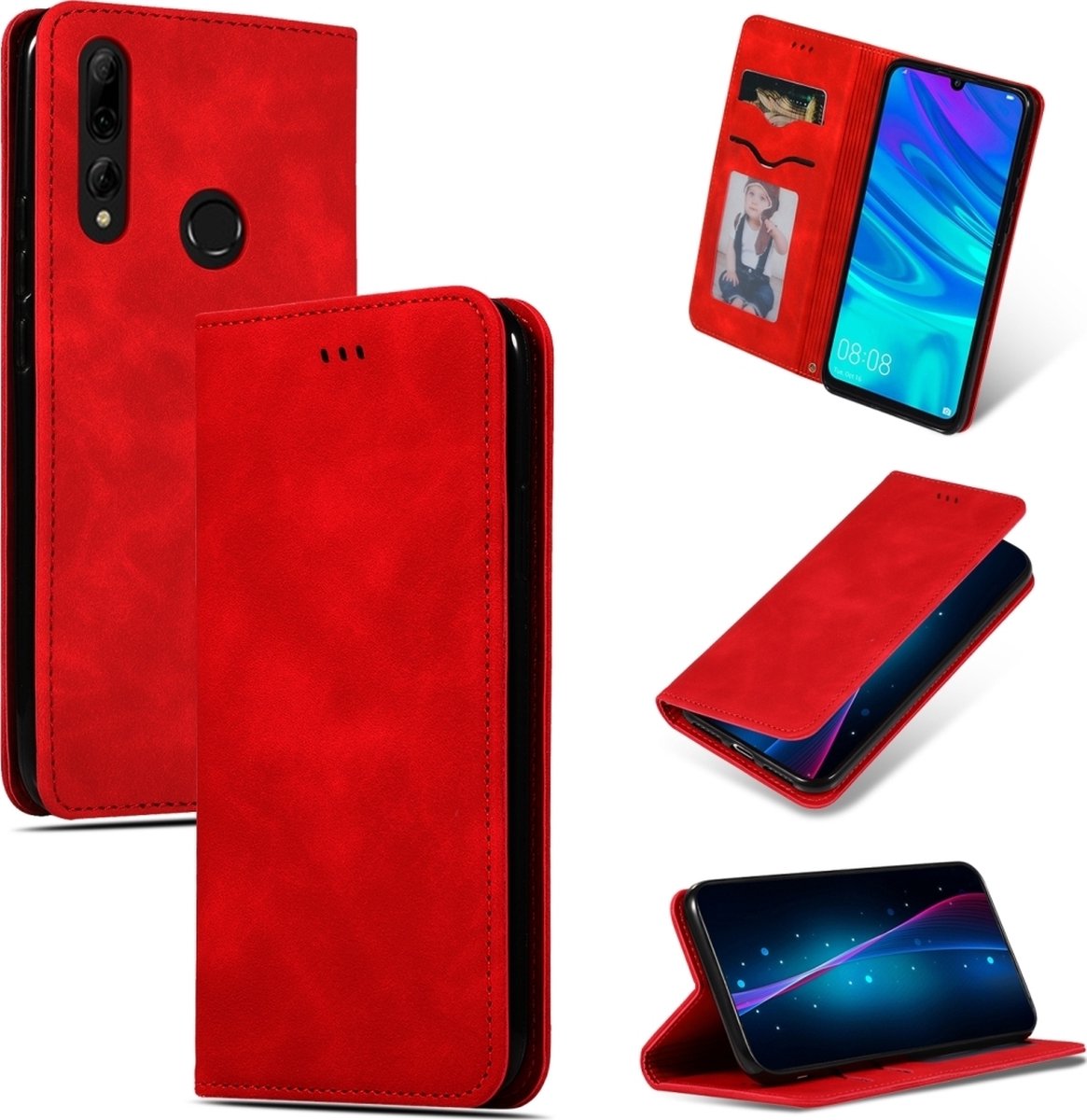 Mobigear Telefoonhoesje geschikt voor Huawei P Smart Plus (2019) Hoesje | Mobigear Retro Slim Bookcase | Pasjeshouder voor 2 Pasjes | Telefoonhoesje voor Pinpas / OV Kaart / Rijbewijs - Rood