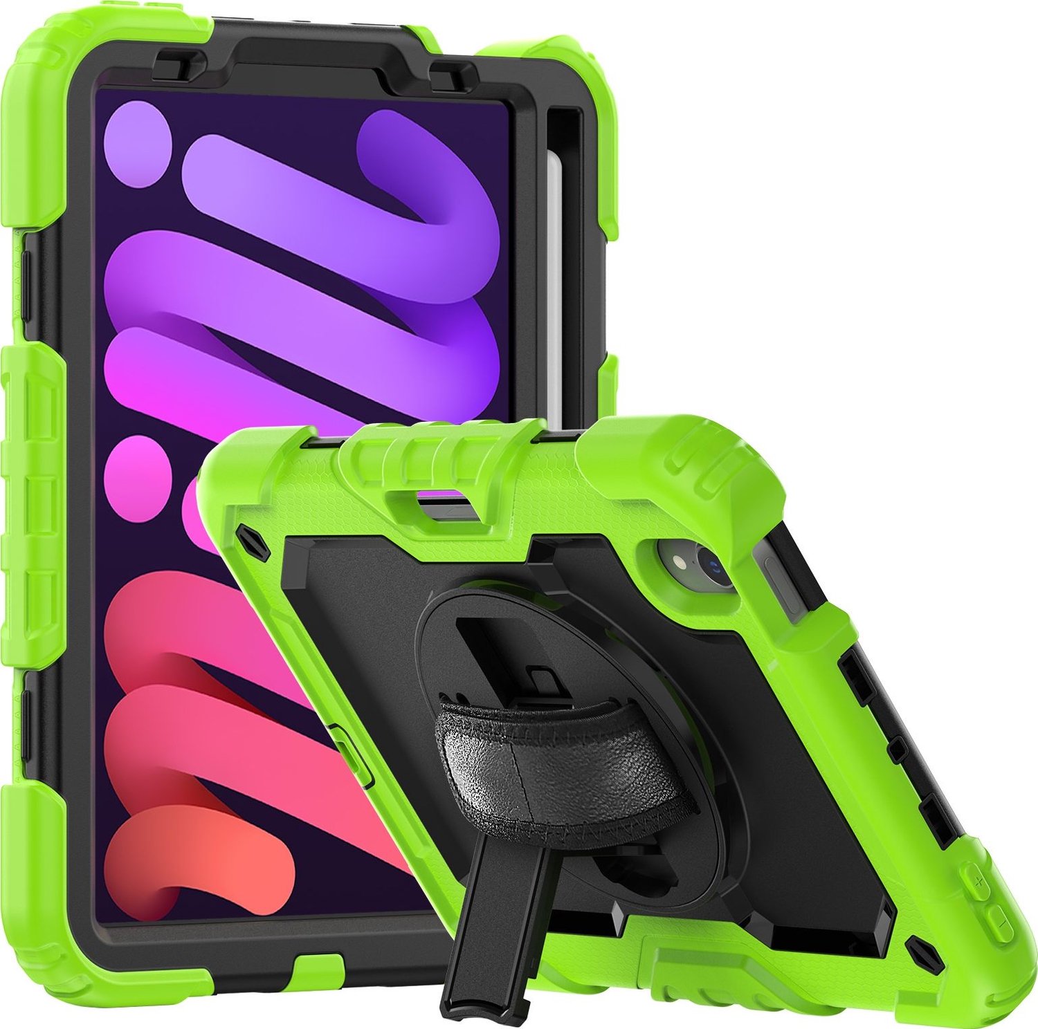 Mobigear SureGrip Xtreme - Apple iPad Mini 6 (2021) Hardcase Backcover + Stylus Houder + Schouderband + Standaard - Zwart / Groen