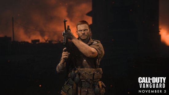 Man met rood haar, bruin uniform en wapen, met vuur op de achtergrond. "Call of Duty: Vanguard" logo.