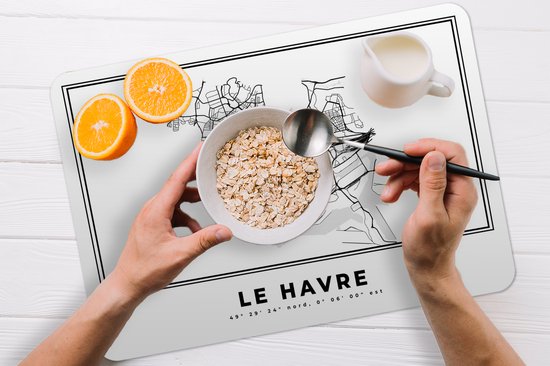 Set de table - Carte - Le Havre - Zwart Wit - Plan d'étage - Plan de la ville - 45x30 cm - 6 pièces - Résistant à la chaleur - Antidérapant - Coussinet - Amovible