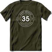 35th Happy Birthday T-shirt | Vintage 1987 Aged to Perfection | 35 jaar verjaardag cadeau | Grappig feest shirt Heren – Dames – Unisex kleding | - Leger Groen - M