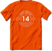 14th Happy Birthday T-shirt | Vintage 2008 Aged to Perfection | 14 jaar verjaardag cadeau | Grappig feest shirt Heren – Dames – Unisex kleding | - Oranje - 3XL