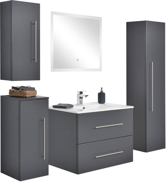 Beige Badmeubel Set Polaris 60CM Inclusief Kolomkast en Spiegel
