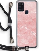 Case Company® - Samsung Galaxy A21s hoesje met Koord - Roze marmer - Telefoonhoesje met Zwart Koord - Bescherming aan alle Kanten en Over de Schermrand