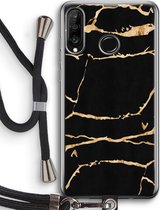 Case Company® - Huawei P30 Lite hoesje met Koord - Gouden marmer - Telefoonhoesje met Zwart Koord - Bescherming aan alle Kanten en Over de Schermrand