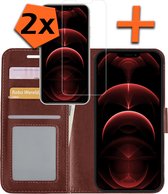 Hoesje Geschikt voor iPhone 13 Pro Max Hoes Bookcase Flipcase Book Cover Met 2x Screenprotector - Hoes Geschikt voor iPhone 13 Pro Max Hoesje Book Case - Bruin