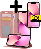 iPhone 13 Hoesje Book Case Hoes Met 2x Screenprotector - iPhone 13 Case Wallet Cover - iPhone 13 Hoesje Met 2x Screenprotector - Rosé Goud