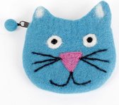Vilten portemonnee kattenkop blauw 10x13cm