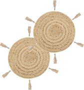 Set van 4x stuks ronde placemats raffia met franjes naturel - 38 cm - Tafel onderleggers