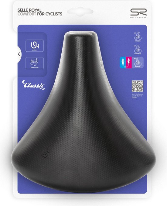 Verpakking voor Selle Royal Comfort fietszadel, zwart, met informatie over 'RELAXED' zitpositie.