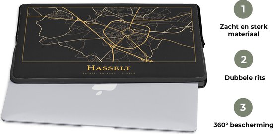 Housse pour ordinateur portable 13 pouces - Carte - Hasselt - Zwart - Or - Housse pour ordinateur portable - Dimensions intérieures 32x22,5 cm