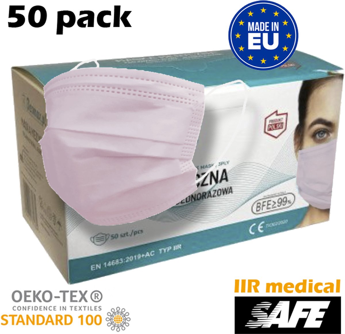 50 stuks IIR chirurgische medische maskers Roze- Made in EU