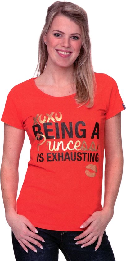 Oranje Dames T-Shirt - XOXO Being A Princess Is Exhausting -  Voor Koningsdag - Holland - Maat: M