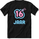 16 Jaar Feest kado T-Shirt Heren / Dames - Perfect Verjaardag Cadeau Shirt - Licht Blauw / Licht Roze - Maat M