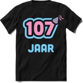 107 Jaar Feest kado T-Shirt Heren / Dames - Perfect Verjaardag Cadeau Shirt - Licht Blauw / Licht Roze - Maat XL