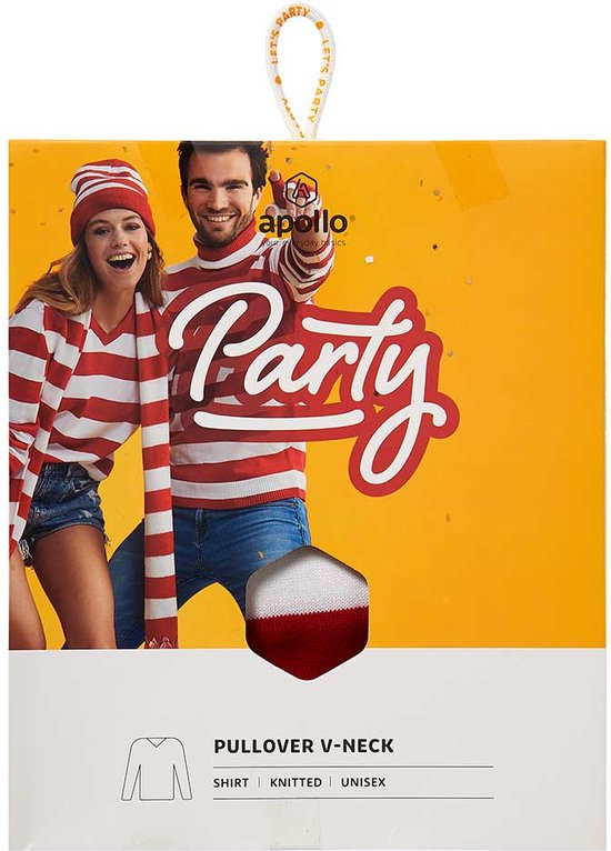 Apollo verpakking met gestreepte muts, sjaal en trui, met model en logo.