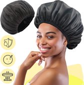 Serviette à cheveux, bonnet de couchage et bonnet de douche en 1 - Satin microfibre - 3 en 1 - Zwart - Réutilisable