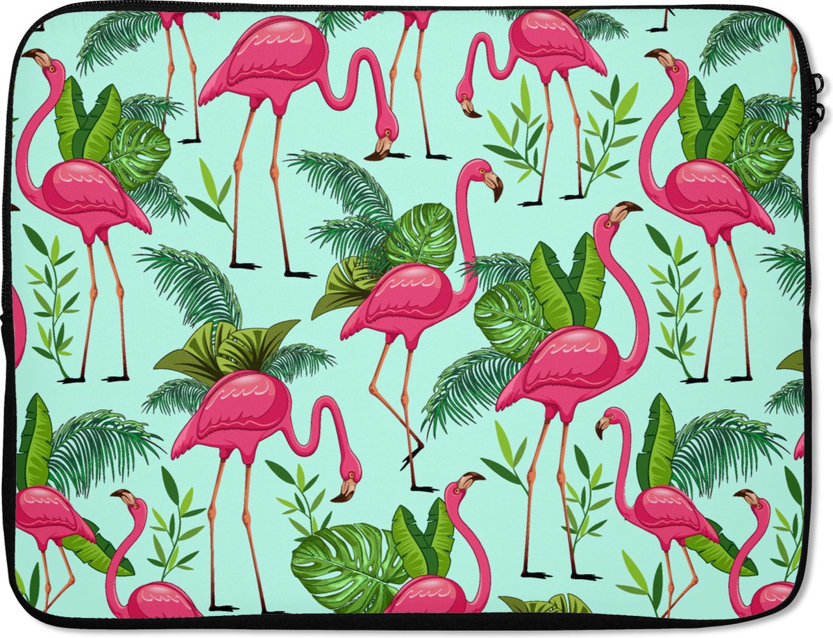 Laptophoes 15.6 inch - Flamingo - Jungle - Tropisch - Dieren - Patroon - Laptop sleeve - Binnenmaat 37x26 cm - Zwarte achterkant