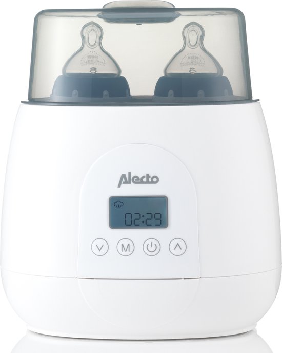 Alecto BW700TWIN - Dubbele digitale Flessenwarmer 500W voor opwarmen, steriliseren en ontdooien - Verwarm 2 flesjes tegelijkertijd - Inclusief stoomkap - Wit