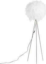 Een witte, pluizige staande lamp met een metalen driepoot. De lampenkap is rond en lijkt gemaakt van veren.