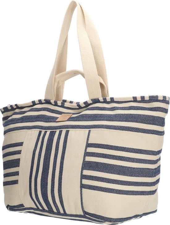 Zij-aanzicht van een grote stoffen strandtas met verticale en horizontale strepen in marineblauw en crème.