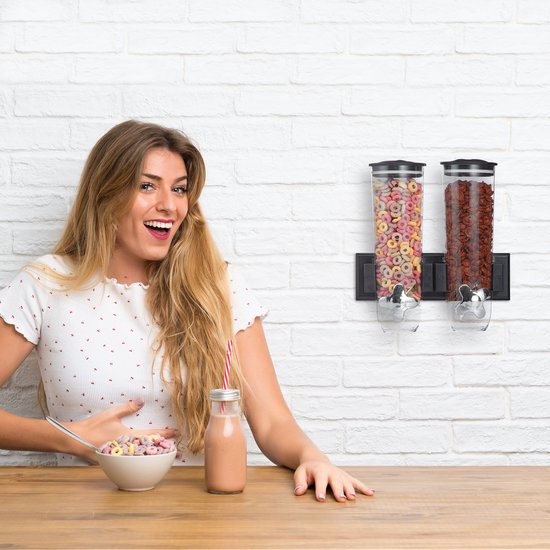 Relaxdays dubbele cornflakes dispenser muur - muesli dispenser - cereal dispenser 1,5 l - zwart - Relaxdays