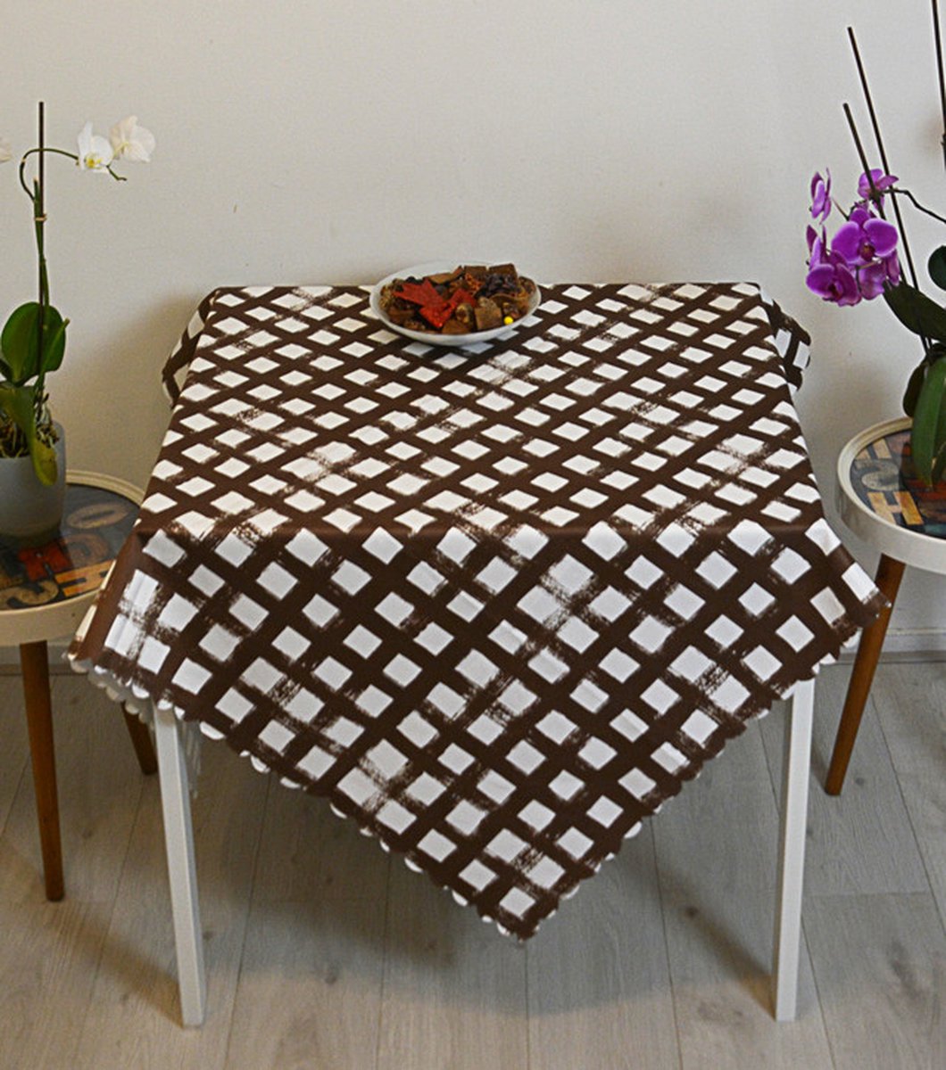 Tafelkleed 140x140 cm - Bedrukt Velvet Textiel - Waterverf bruine vierkant - Tafellaken - De Groen Home