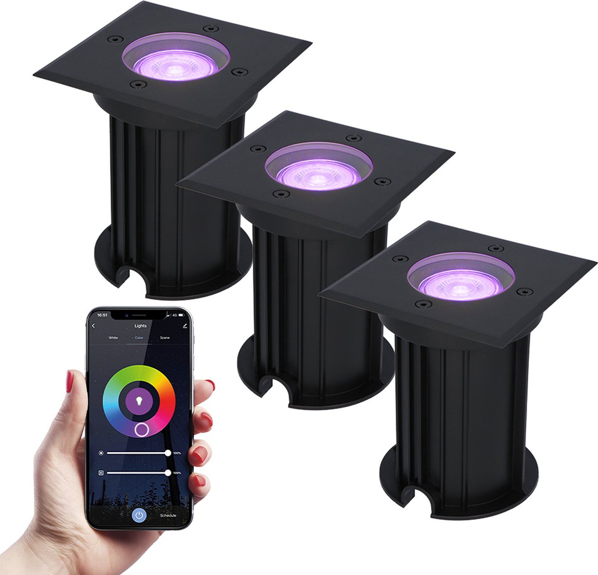 HOFTRONIC - Set van 3 Ramsay Smart LED Grondspot Zwart Vierkant - RGBWW 16,5 Miljoen kleuren - WiFi + Bluetooth - Bedienbaar via stem - 5.5 Watt 450 Lumen - IP67 Waterdicht - 3 jaar garantie - Inbouwdiepte: 140mm, Diameter: 103mm