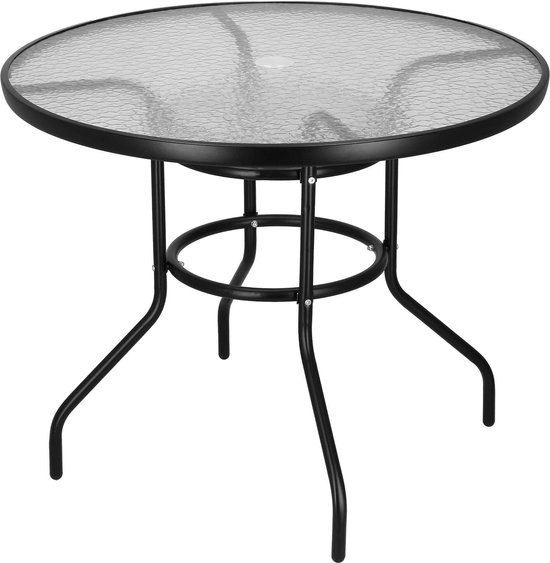 Table de jardin Springos | table d'extérieur | Table d'appoint d'extérieur | Métal | Verre trempé | Rond | 90 x 72 cm | Noir