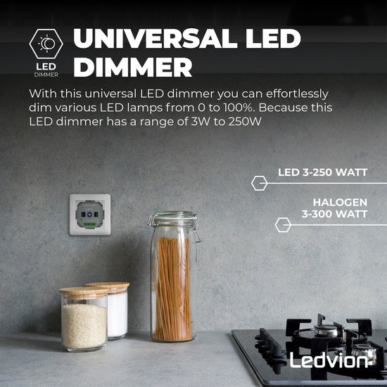 Ledvion Led Dimmer 5, 600 Watt, Universeel, LED, Lamp, LED, Inbouwdimmer, Dimmerschakelaar, Dimmer, Afdekraam, Afdekplaat Dimmer, Dimmer voor LED Lampen, Fase-afsnijdbare Dimmer voor LED - LEDVION