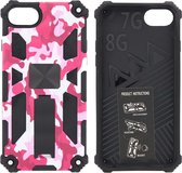 Hoesje Geschikt voor iPhone 7 Hoesje - Rugged Extreme Backcover Camouflage met Kickstand - Pink